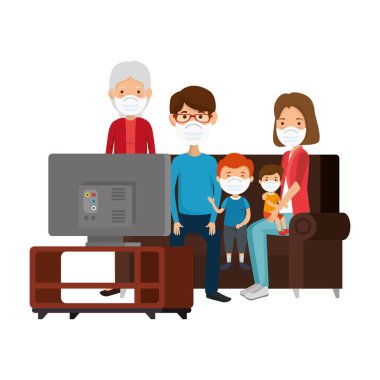 Tatlı aile üyeleri televizyon izlerken maske takıyor.