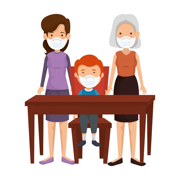 Madre con nonna e figlio con maschera facciale in tavolo di legno — Vettoriale Stock