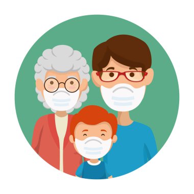 Çerçevede yüz maskesi kullanan sevimli aile üyeleri