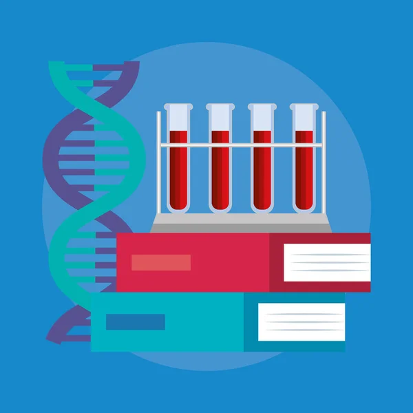 Struttura del DNA con test dei tubi nei libri — Vettoriale Stock