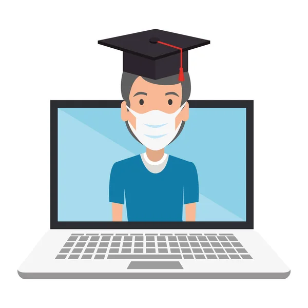 Çevrimiçi eğitim mezunu erkek izole edilmiş simgesi — Stok Vektör