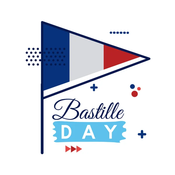 Bandera de Francia y letras de día de la bastilla estilo plano — Vector de stock