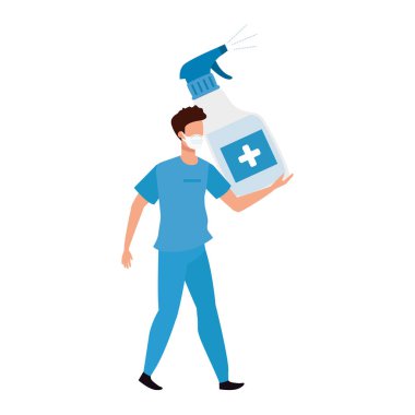 Şişe spreyi dezenfektanı ile sağlıkçı izole edilmiş ikon