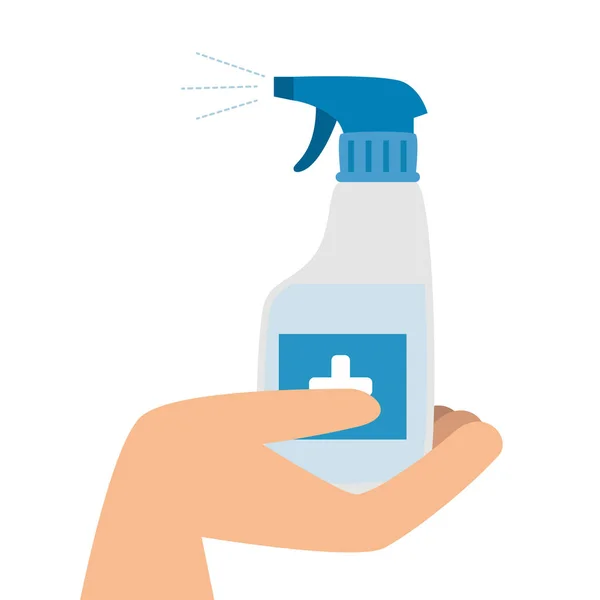 Mano con botella spray desinfectante icono aislado — Archivo Imágenes Vectoriales