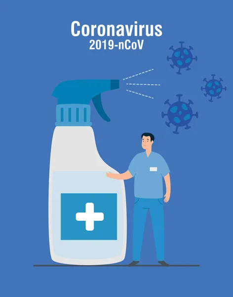 Paramedico con disinfettante spray bottiglia e particelle 2019 ncov — Vettoriale Stock
