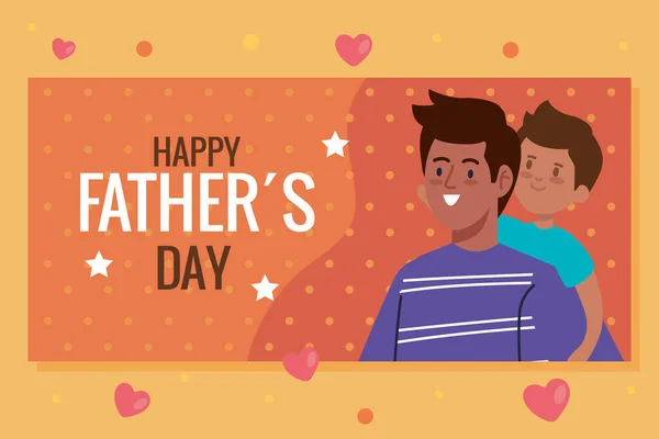 Babalar günün kutlu olsun ve baba oğul taşıyor. — Stok Vektör