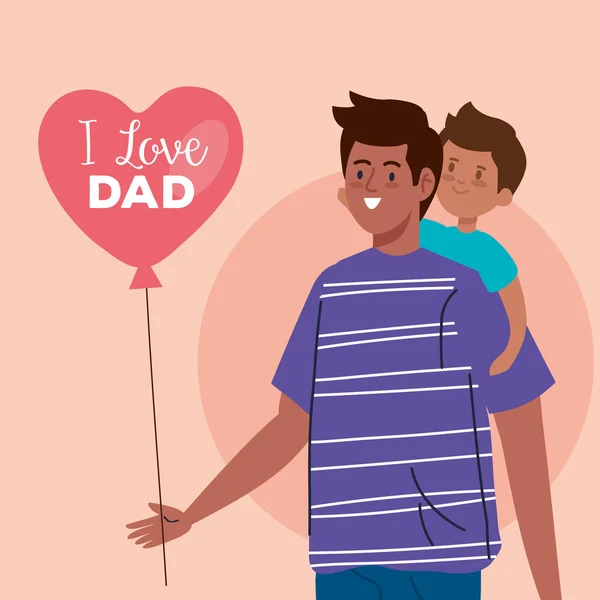 Glückliche Grußkarte zum Vatertag und Papa trägt Sohn — Stockvektor