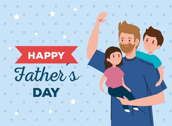 Baba ve çocuklarla Babalar Günü tebrik kartı. — Stok Vektör