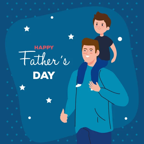 Feliz día de los padres tarjeta de felicitación y papá llevando hijo — Vector de stock