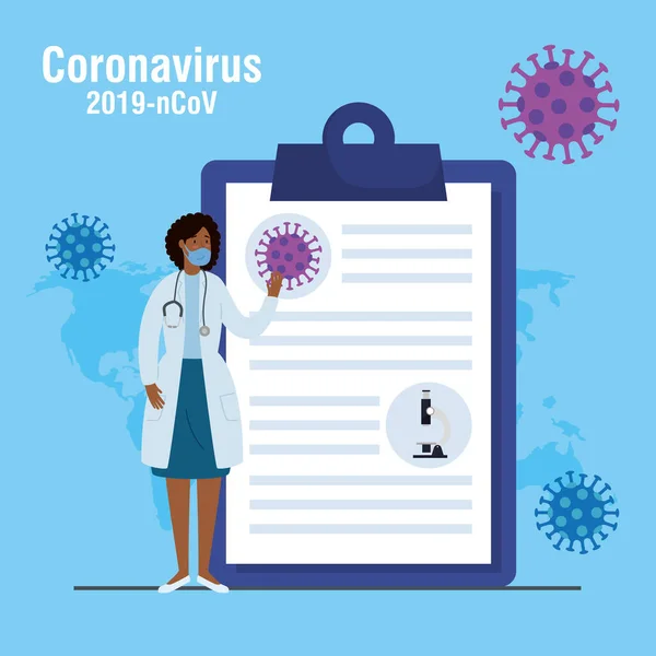 Врач женщина в маске с документом 2019 года ncov — стоковый вектор