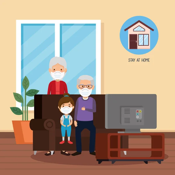 Pobyt w domu kampania z dziadkami i wnuczką — Wektor stockowy