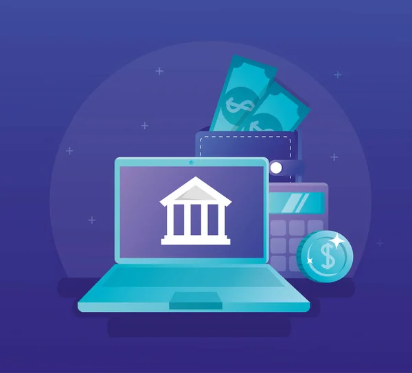 Concetto di banca online con laptop e icone — Vettoriale Stock