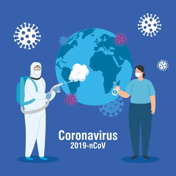 Planète mondiale avec des particules 2019 ncov et les gens — Image vectorielle