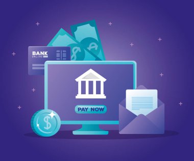 Bilgisayar masaüstü ve simgeleriyle çevrimiçi banka kavramı