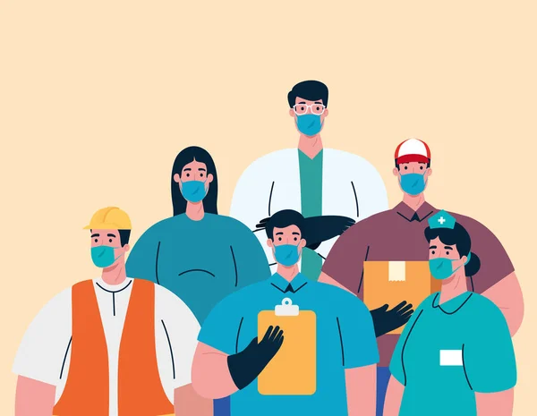 Група робітників використовує медичні маски для прихованої пандемії 19 — стоковий вектор