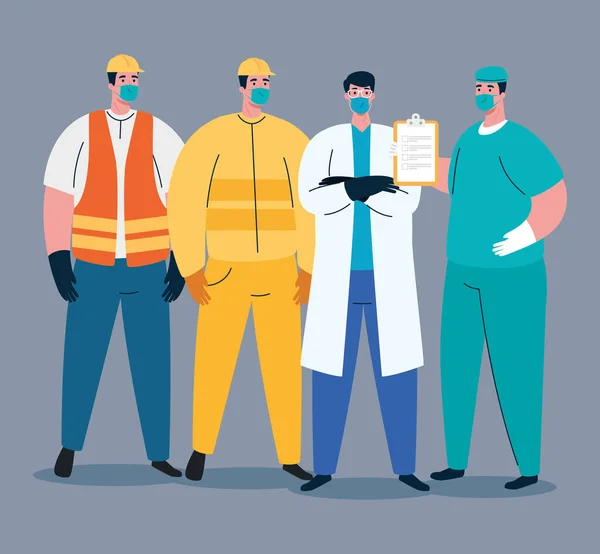 Grupo de trabajadores que utilizan máscaras médicas para la pandemia de covid 19 — Archivo Imágenes Vectoriales