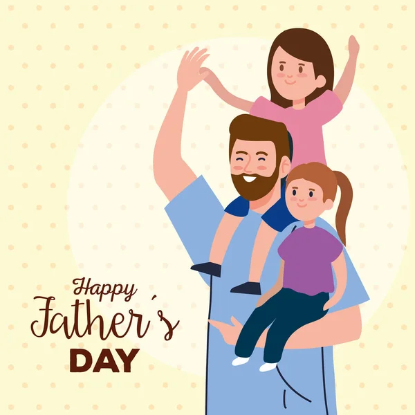 Feliz día de los padres tarjeta de felicitación con papá e hijas — Archivo Imágenes Vectoriales