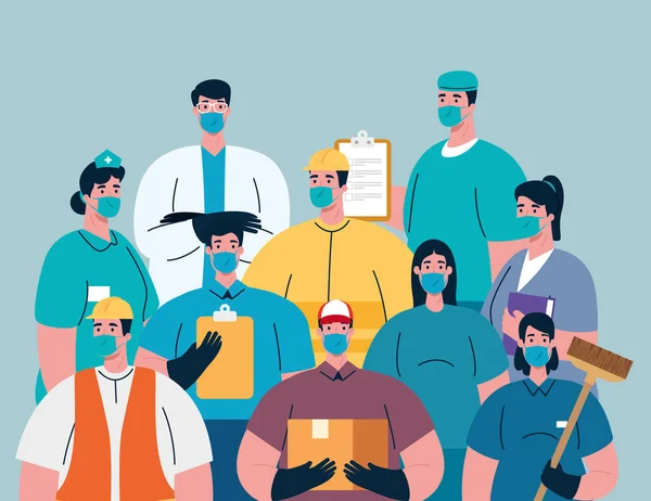 Grupo de trabalhadores usando máscaras médicas para covid 19 pandemia —  Vetores de Stock