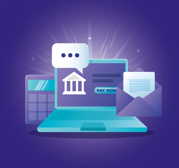 Concetto di banca online con laptop e icone — Vettoriale Stock
