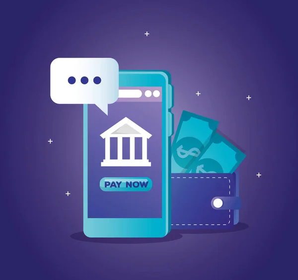 Concept de banque en ligne avec smartphone et portefeuille — Image vectorielle