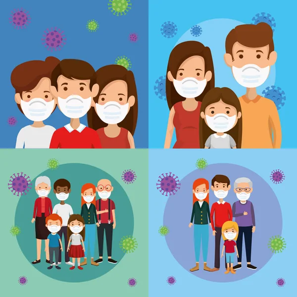 Décors de familles utilisant un masque facial — Image vectorielle