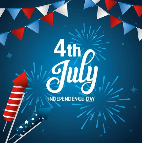 4 július boldog függetlenség napja tűzijátékkal és dekorációval — Stock Vector