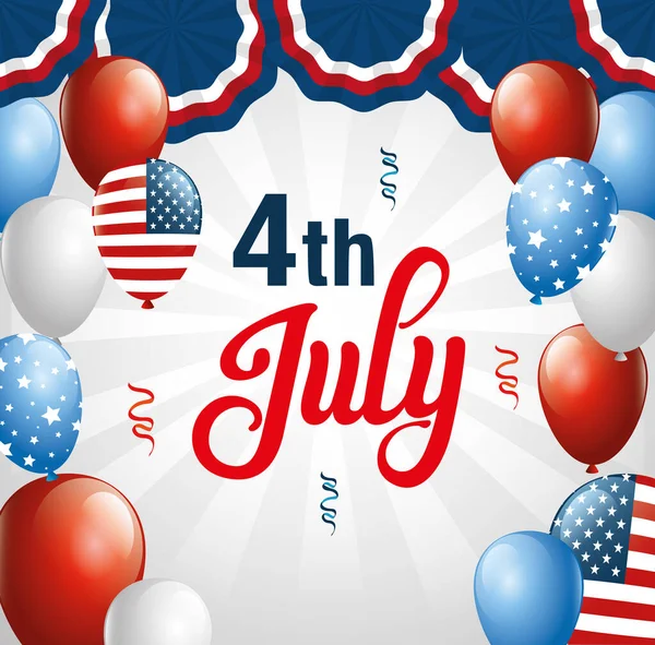 4 juli lycklig självständighetsdag med ballonger helium — Stock vektor