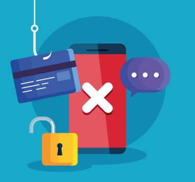 data phishing online hack dolandırıcılık konsepti, akıllı telefon ve simge kancası ile