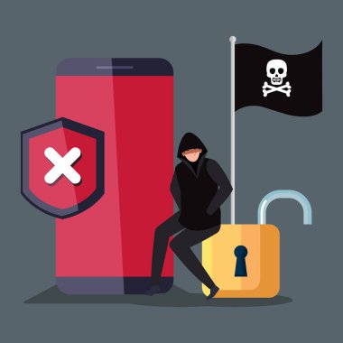 Akıllı telefon aygıtı ve simgeleri olan hacker