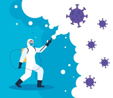 Koruyucu giysisi olan ya da virüsler sıkan kişi ve parçacıklar covid 19, desinfeksiyon virüsü konsepti