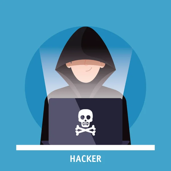 Hacker con el icono del ordenador portátil — Vector de stock