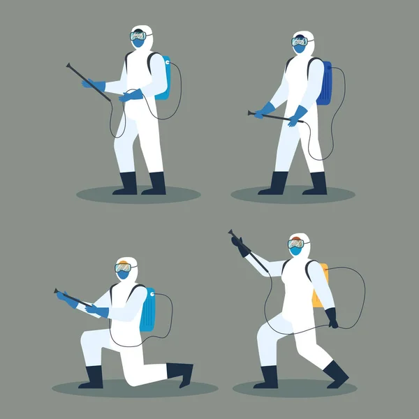 Personas con traje protector o virus de pulverización de covid 19, concepto de virus de desinfección — Archivo Imágenes Vectoriales