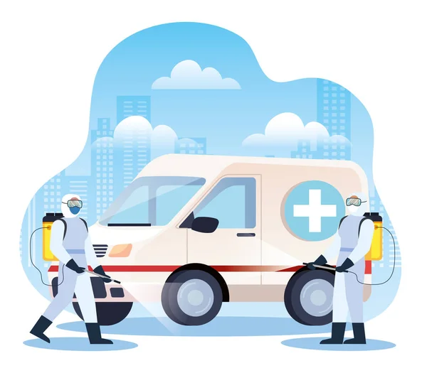 Véhicules services de désinfection par ambulance pour la maladie covid 19 — Image vectorielle