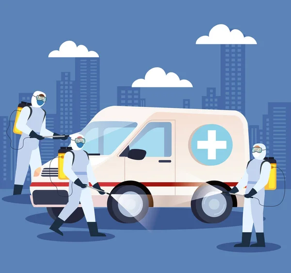 Servicios de desinfectante de ambulancias para covid 19 enfermedad — Archivo Imágenes Vectoriales