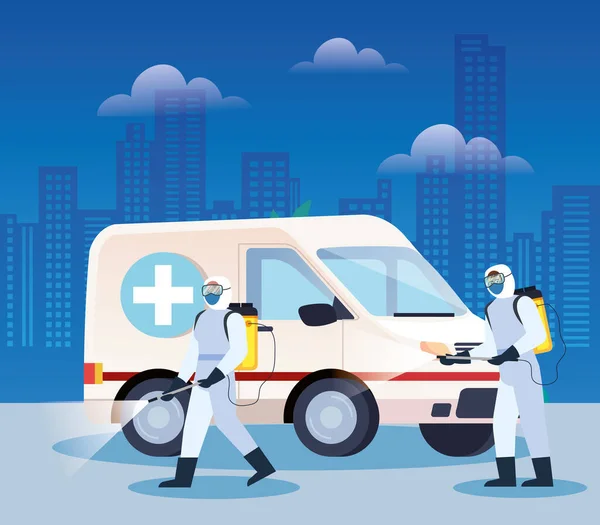 Véhicules services de désinfection par ambulance pour la maladie covid 19 — Image vectorielle