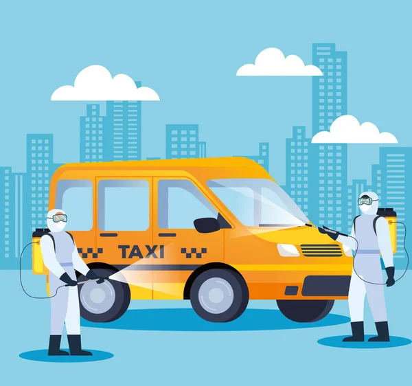 Services de désinfection de taxi de véhicule pour la maladie covid 19 — Image vectorielle