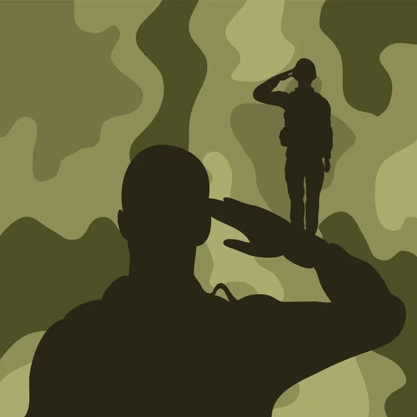 Soldat saluant silhouette en fond de camouflage — Image vectorielle