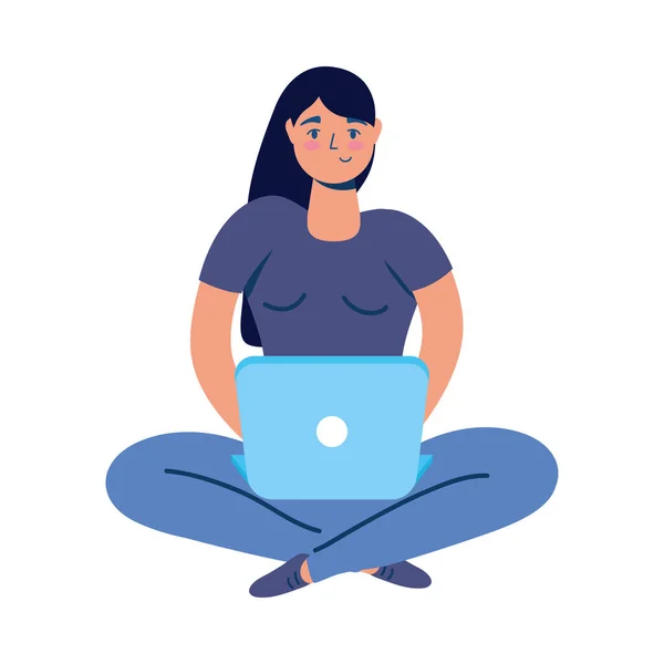 Ung kvinna med bärbar dator sittande karaktär — Stock vektor