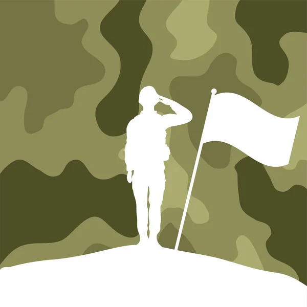 Soldier saluting silhouette in camouflage background — Stock Vector