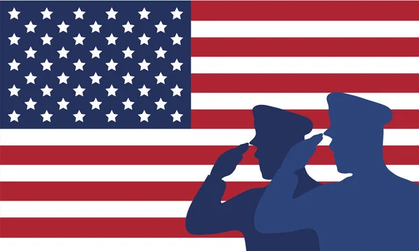 Oficiais silhuetas militares com bandeira dos EUA — Vetor de Stock
