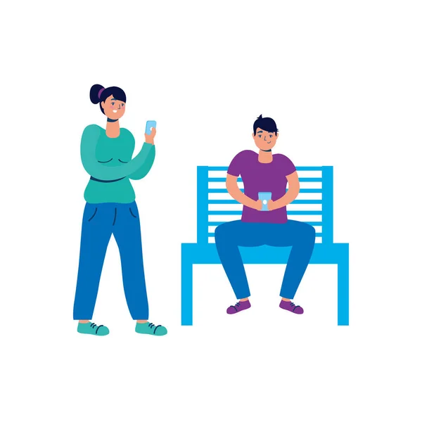 Joven pareja usando smartphone en silla de parque — Vector de stock