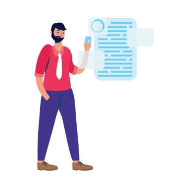 Sosyal medya teknolojisi ile akıllı telefon kullanan genç adam