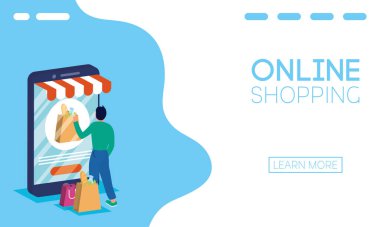 Adam akıllı telefonda online alışveriş teknolojisi kullanıyor.