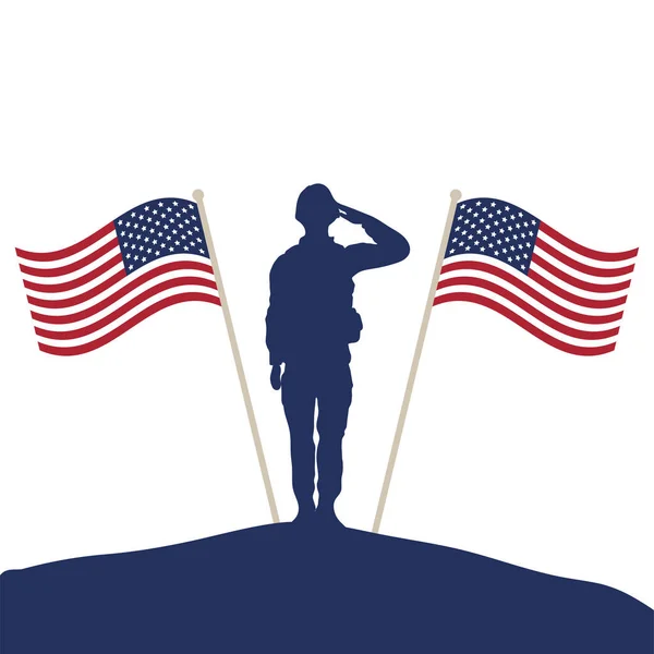 Солдат приветствуя силуэт с флагом США — стоковый вектор