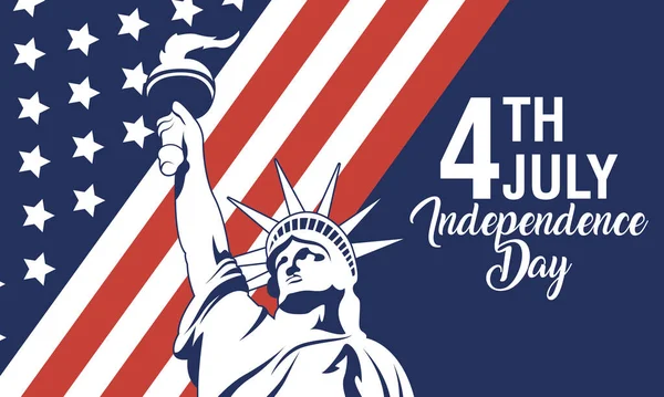 Dia da independência dos EUA com bandeira e estátua da liberdade —  Vetores de Stock