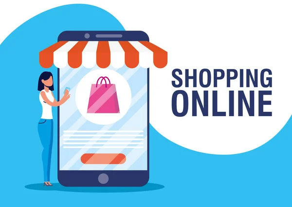 Frau nutzt Online-Shopping im Smartphone — Stockvektor
