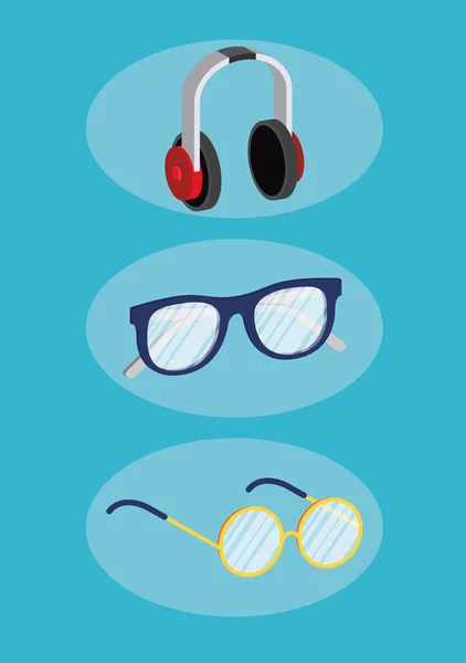 Fone de ouvido e óculos acessórios de desgaste jovem — Vetor de Stock