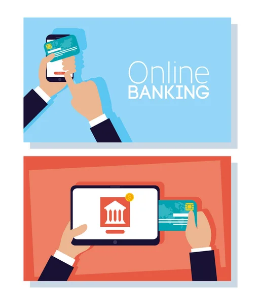 Tecnologia bancaria online con tablet e smartphone — Vettoriale Stock
