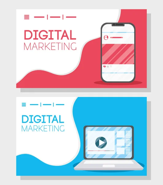 Tecnologia de marketing digital com laptop e smartphone — Vetor de Stock