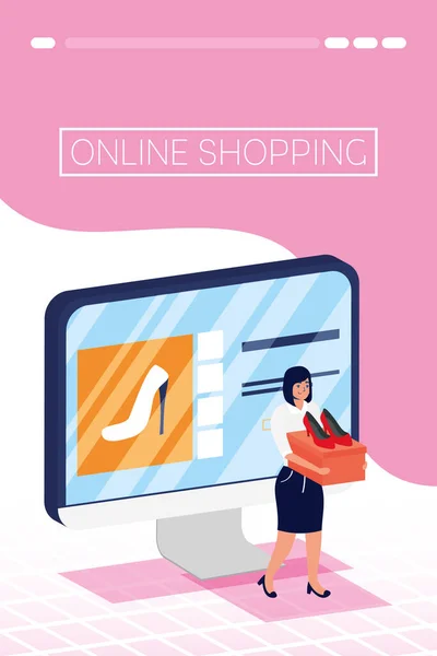 Mujer usando compras tecnología en línea en el escritorio — Vector de stock